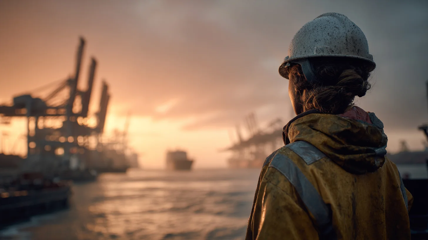 Mariner at the rail of a working ship looking out at a harbor at sunrise